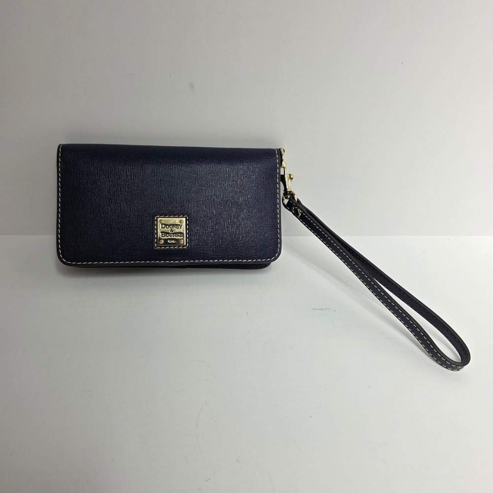 Dooney & Bourke Navy Blue Saffiano Leather Wristlet Wallet Gold Hardware 9036